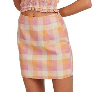 Charlie Holiday Andrea Pastel Pink White Check Plaid Linen Mini Skirt 6 New